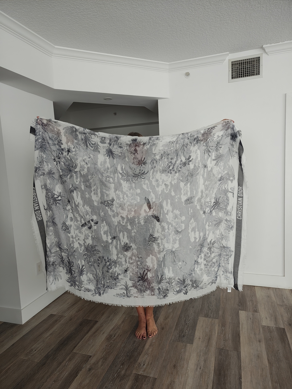 Dior White and Gray Botanical Print Scarf